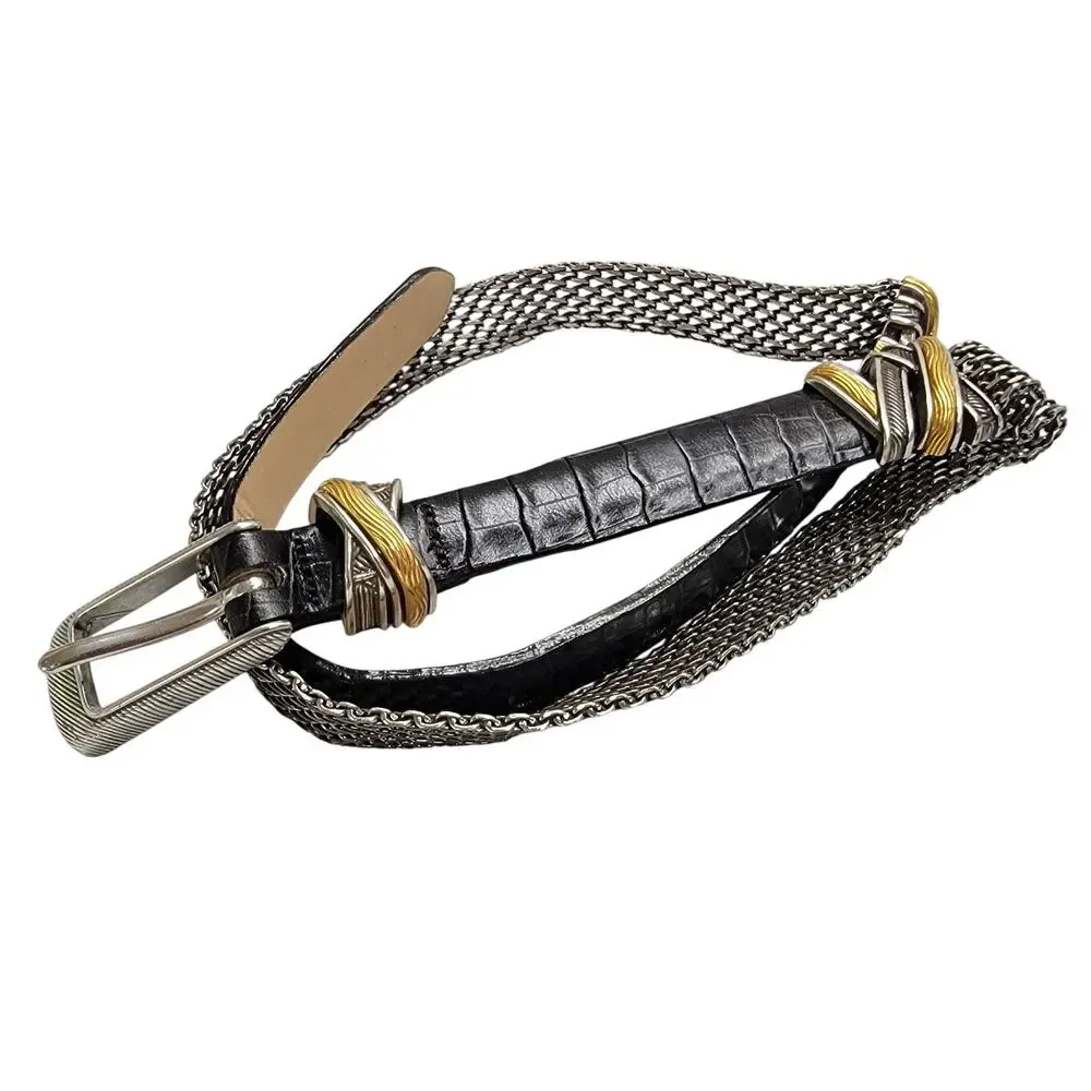 Brighton Womens Belt Size M 30 Black Leather Silver Mesh Chain Two Tone C5003